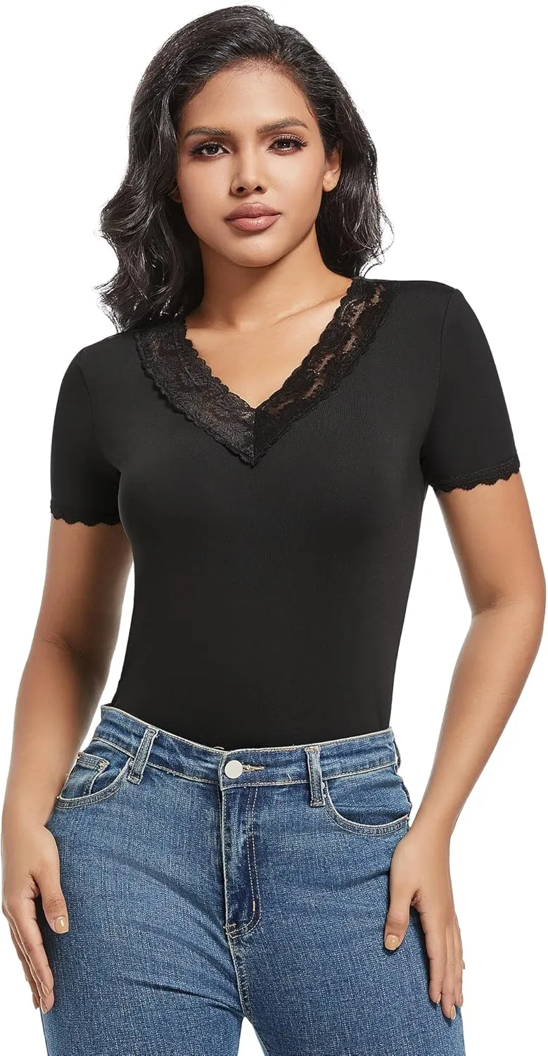 MANCYFIT Short Sleeve Thermal Shirts for Women Thermal Tops Lace V Neck Fleece Lined Tops for Women Base Layer