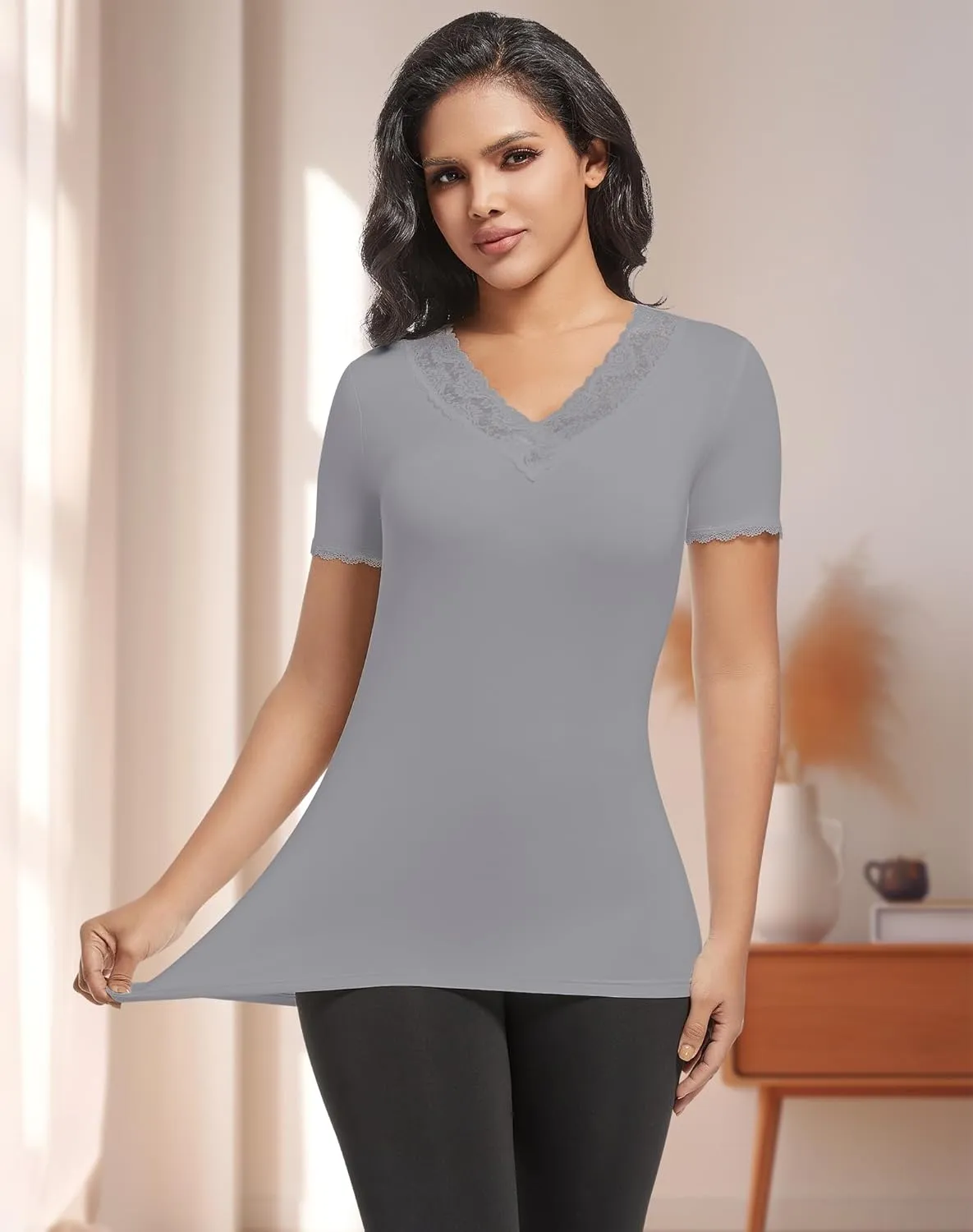 MANCYFIT Short Sleeve Thermal Shirts for Women Thermal Tops Lace V Neck Fleece Lined Tops for Women Base Layer