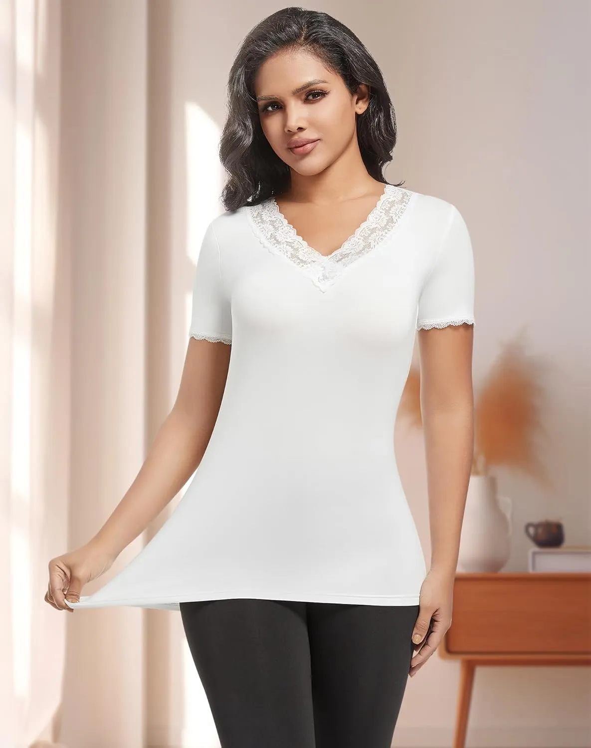 MANCYFIT Short Sleeve Thermal Shirts for Women Thermal Tops Lace V Neck Fleece Lined Tops for Women Base Layer