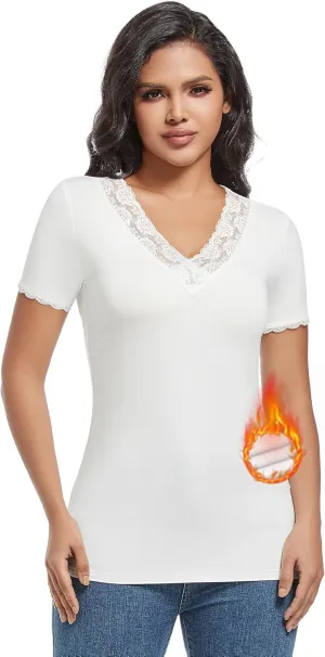 MANCYFIT Short Sleeve Thermal Shirts for Women Thermal Tops Lace V Neck Fleece Lined Tops for Women Base Layer