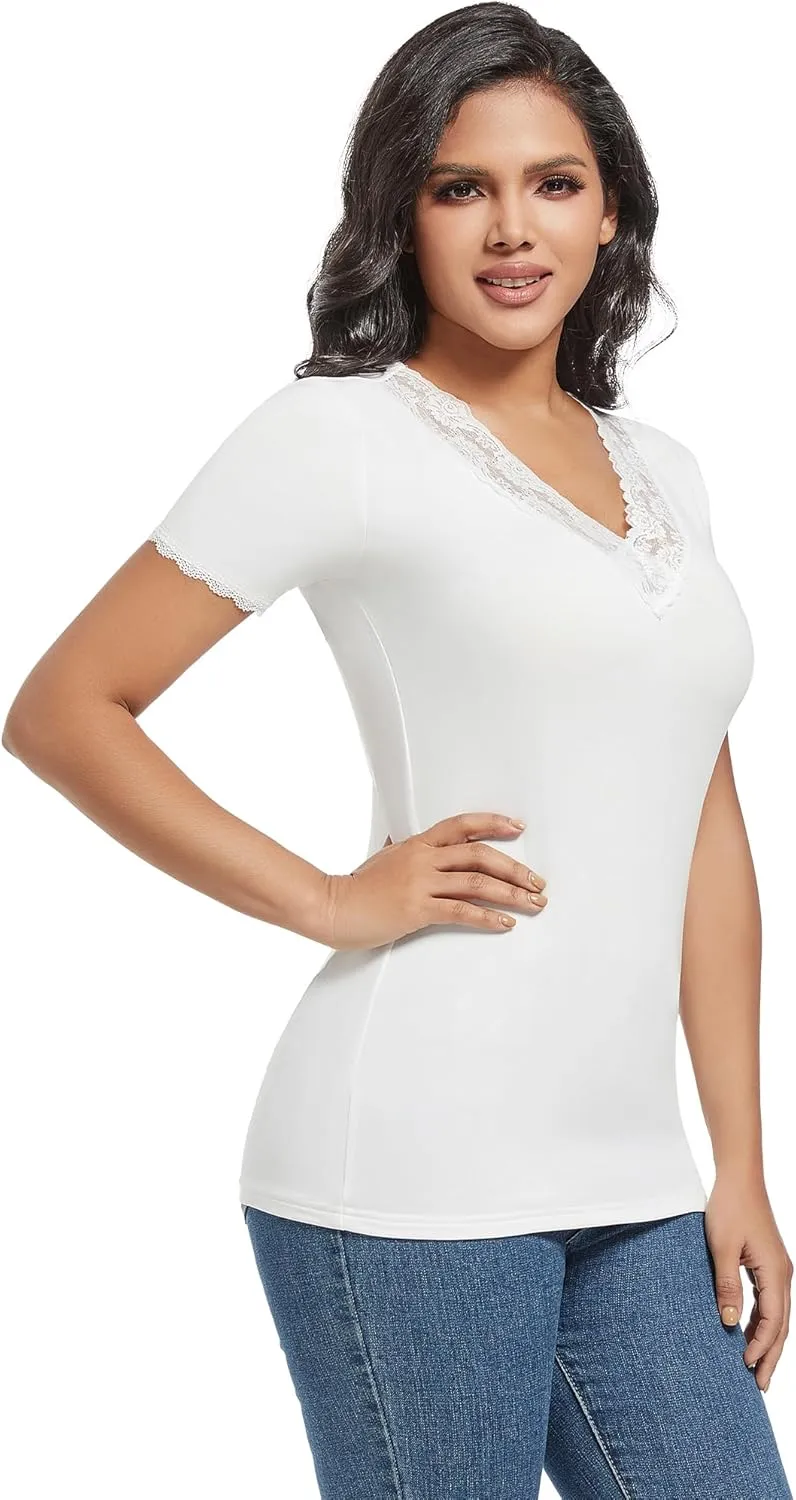 MANCYFIT Short Sleeve Thermal Shirts for Women Thermal Tops Lace V Neck Fleece Lined Tops for Women Base Layer