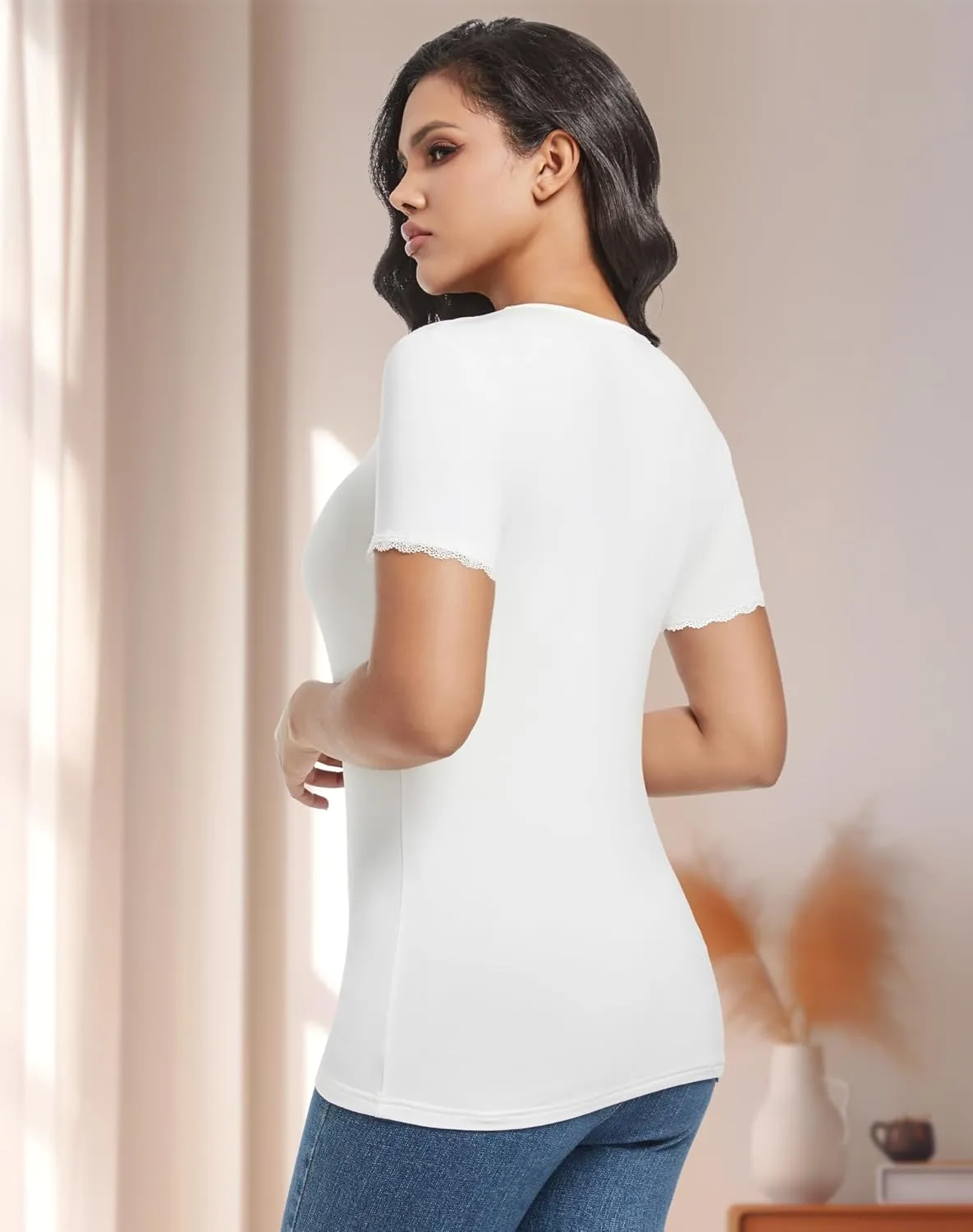 MANCYFIT Short Sleeve Thermal Shirts for Women Thermal Tops Lace V Neck Fleece Lined Tops for Women Base Layer