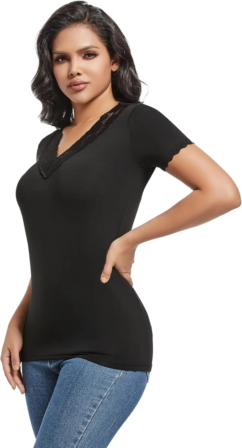 MANCYFIT Short Sleeve Thermal Shirts for Women Thermal Tops Lace V Neck Fleece Lined Tops for Women Base Layer