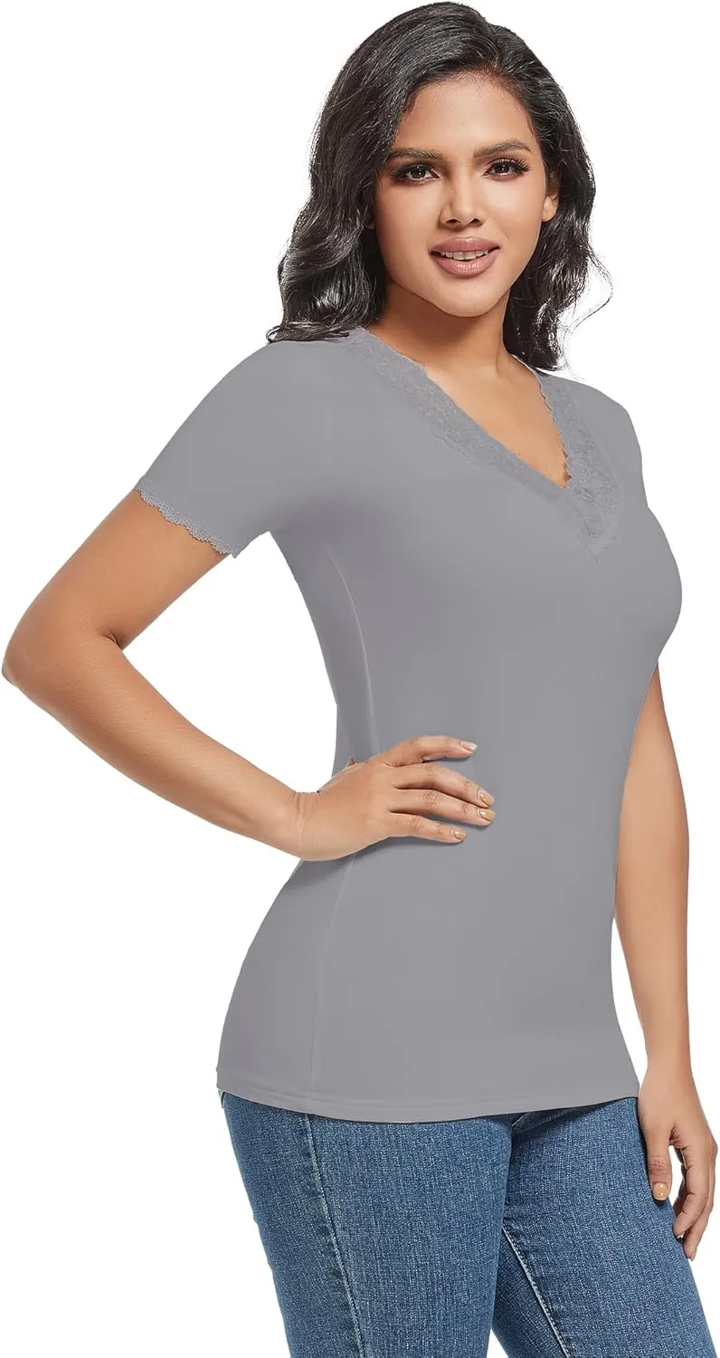MANCYFIT Short Sleeve Thermal Shirts for Women Thermal Tops Lace V Neck Fleece Lined Tops for Women Base Layer
