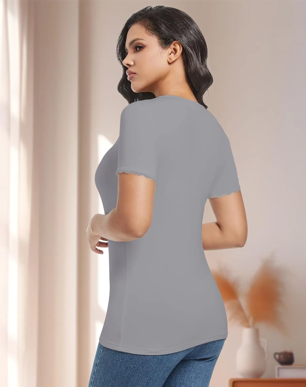 MANCYFIT Short Sleeve Thermal Shirts for Women Thermal Tops Lace V Neck Fleece Lined Tops for Women Base Layer
