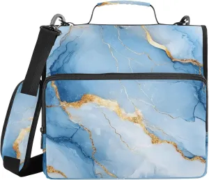 Marble White Blue Sturdy Zipper Binder with Shoulder Strap & Handle Laege Capacity 1.5 Inch 3 Rings Storage Bag Portfolio Binder Storage Container