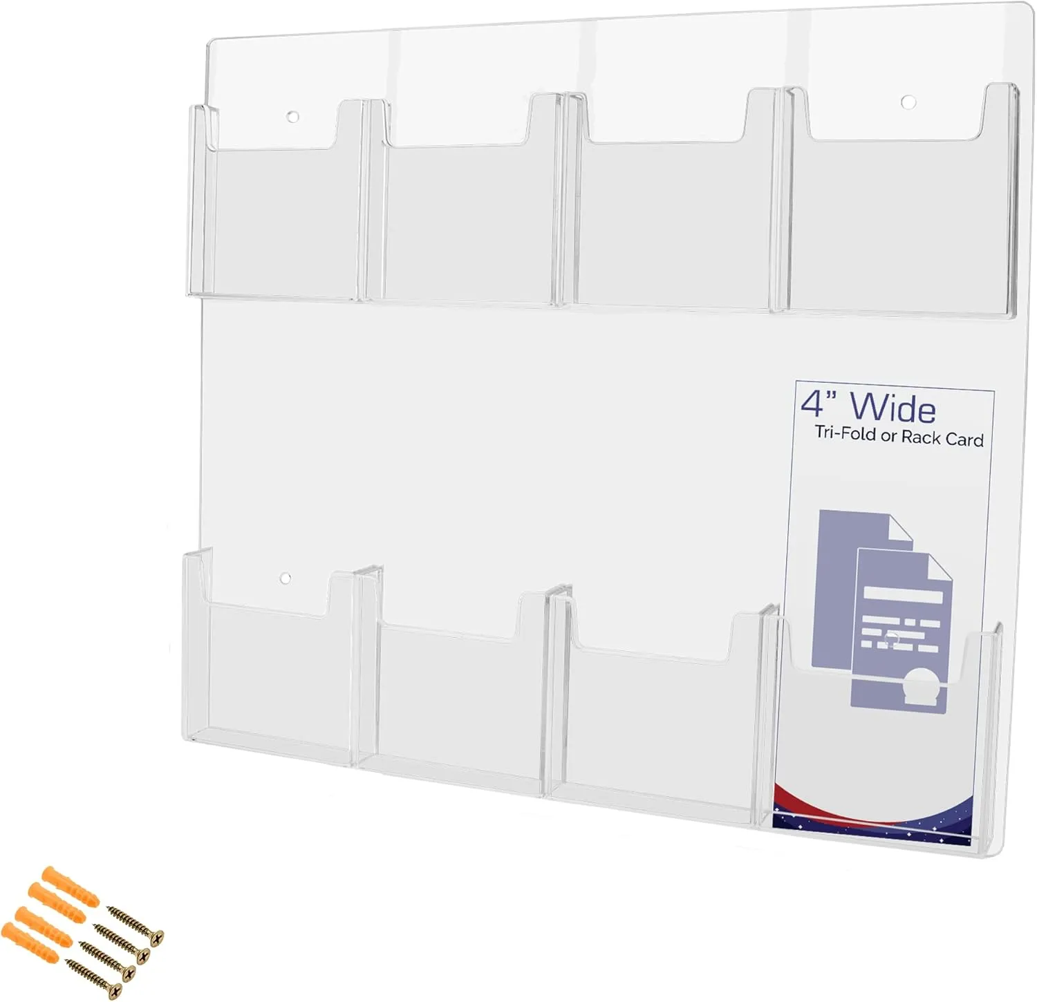 Marketing Holders 2 Pack Hanging Brochure Holder for 4" Trifolds and Pamphlets Clear Acrylic 8 Pocket Organizer with Hardware for Printed Materials in Veterinarians Dental and Doctors Offices