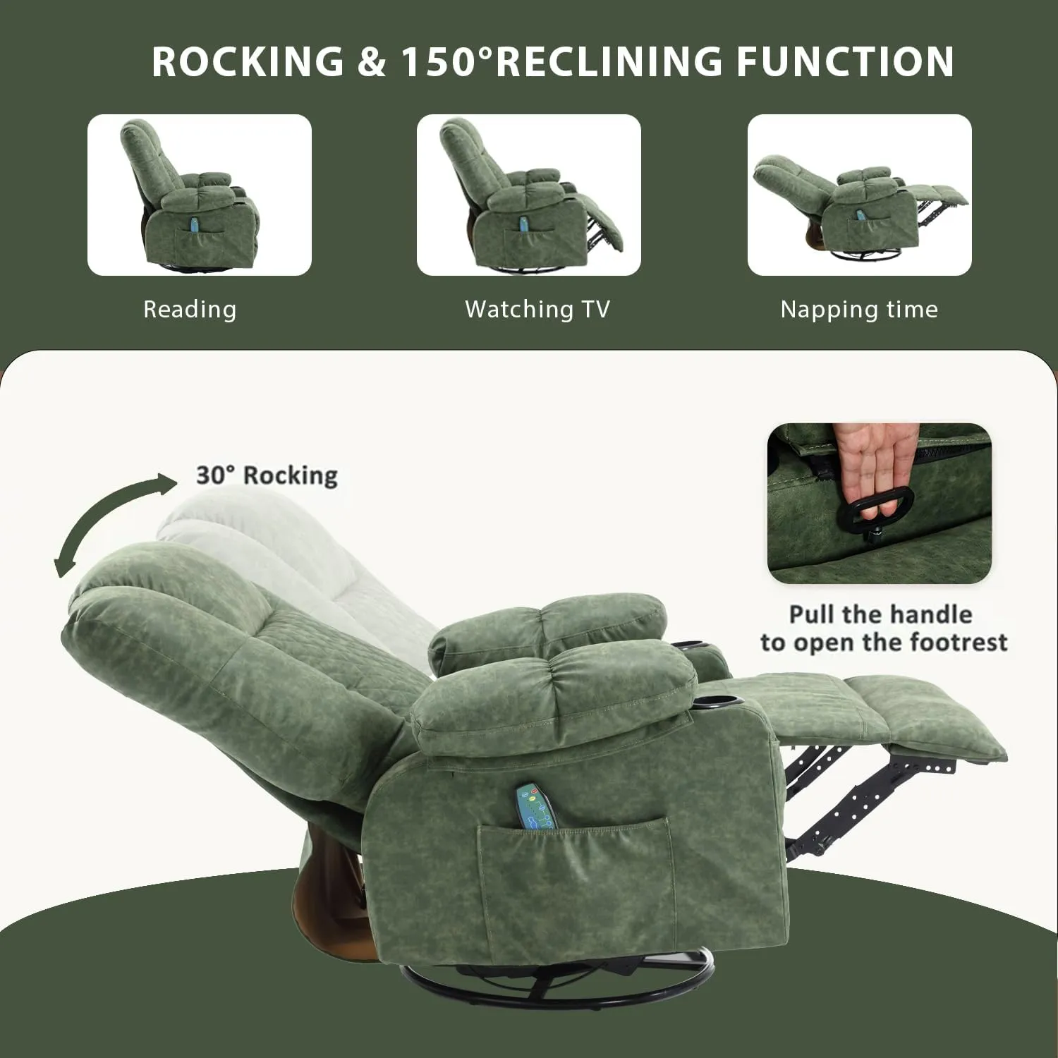 Massage Recliner Chair with Heat, PU Leather Overstuffed Rocker Recliner for Adults, Swivel Rocking Recliner with Cup Holders, Modern Manual Single Sofa for Living Room (Dark Green)