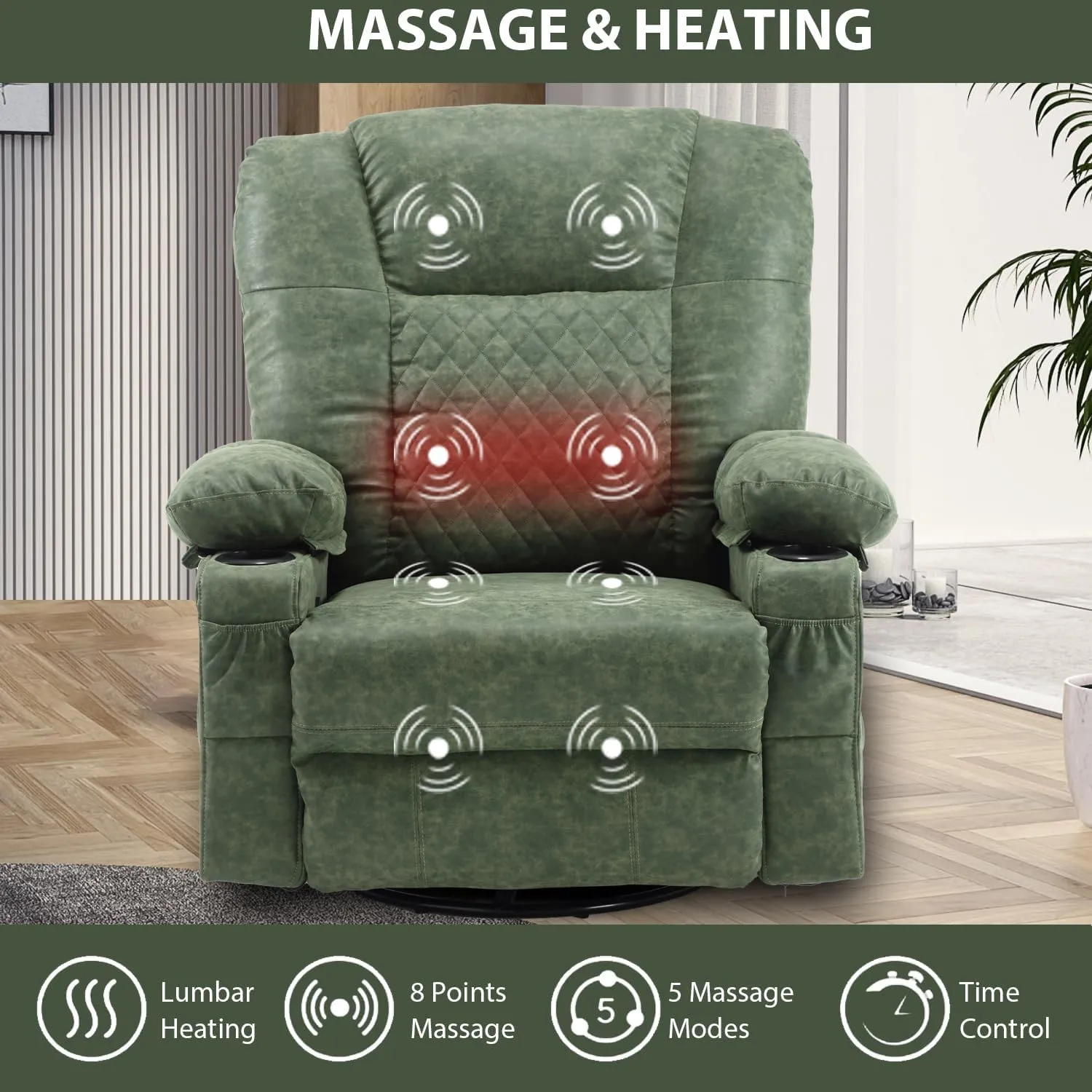 Massage Recliner Chair with Heat, PU Leather Overstuffed Rocker Recliner for Adults, Swivel Rocking Recliner with Cup Holders, Modern Manual Single Sofa for Living Room (Dark Green)