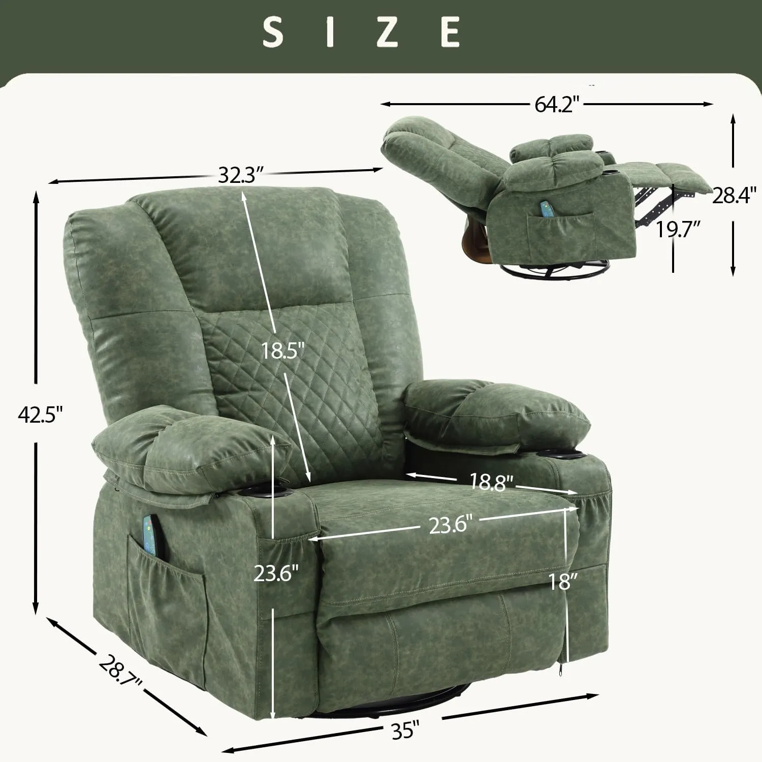 Massage Recliner Chair with Heat, PU Leather Overstuffed Rocker Recliner for Adults, Swivel Rocking Recliner with Cup Holders, Modern Manual Single Sofa for Living Room (Dark Green)