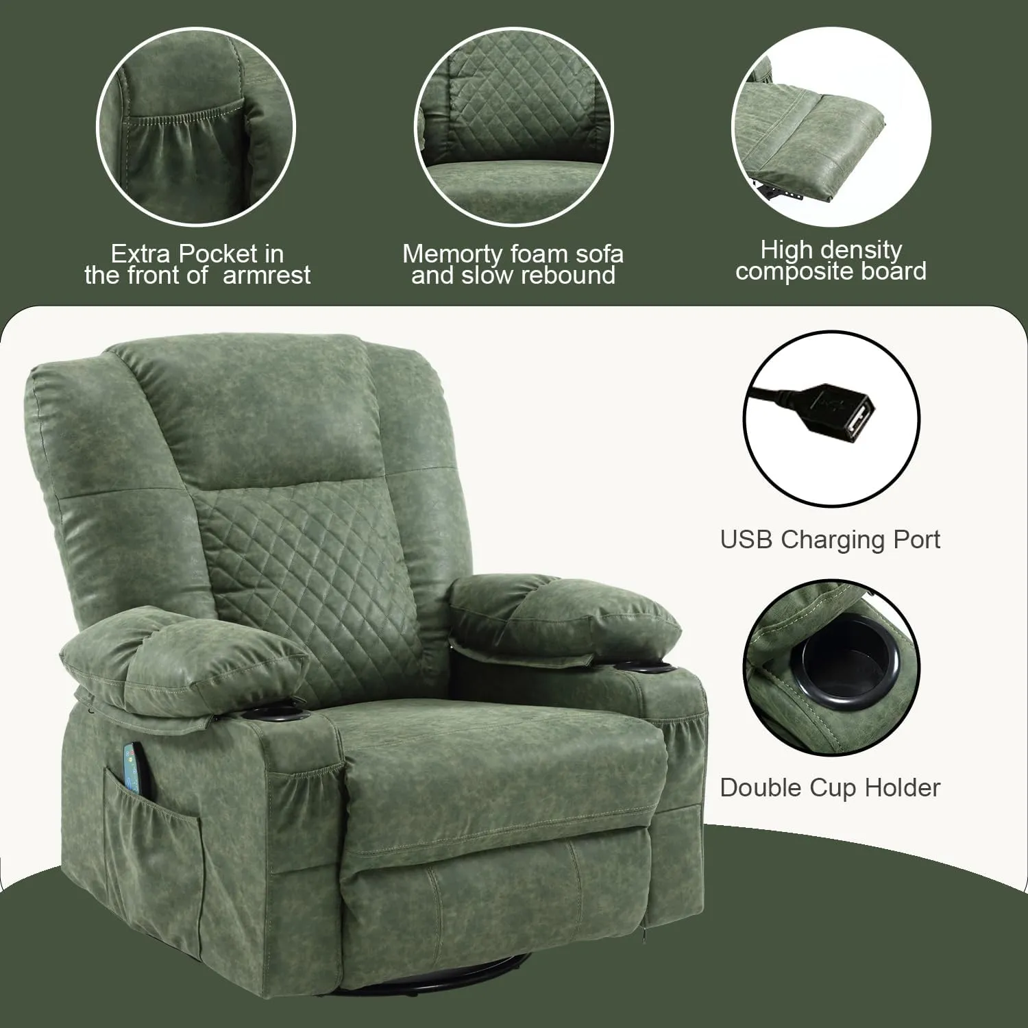 Massage Recliner Chair with Heat, PU Leather Overstuffed Rocker Recliner for Adults, Swivel Rocking Recliner with Cup Holders, Modern Manual Single Sofa for Living Room (Dark Green)