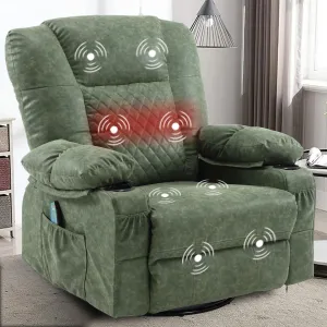 Massage Recliner Chair with Heat, PU Leather Overstuffed Rocker Recliner for Adults, Swivel Rocking Recliner with Cup Holders, Modern Manual Single Sofa for Living Room (Dark Green)