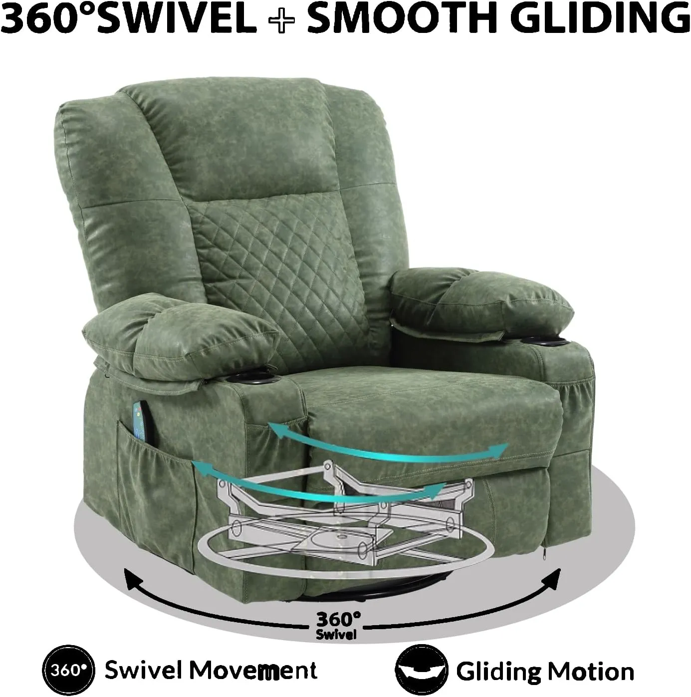 Massage Recliner Chair with Heat, PU Leather Overstuffed Rocker Recliner for Adults, Swivel Rocking Recliner with Cup Holders, Modern Manual Single Sofa for Living Room (Dark Green)