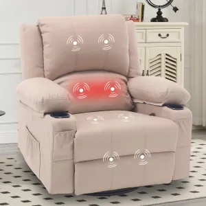 Massage Rocker Recliner and Heat, PU Leather Swivel Rocking Recliners Chair for Living Room, Modern Manual Massage Recliner with Cup Holders, Overstuffed Single Sofa Chairs for Adults, Beige