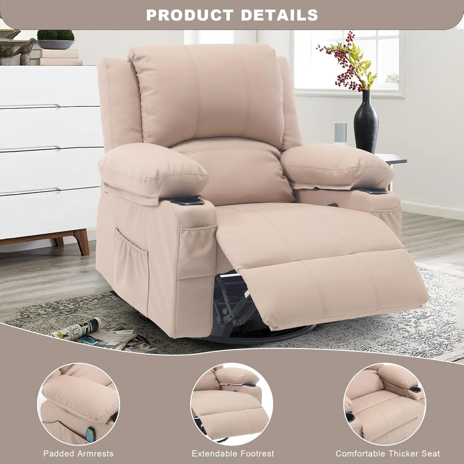 Massage Rocker Recliner and Heat, PU Leather Swivel Rocking Recliners Chair for Living Room, Modern Manual Massage Recliner with Cup Holders, Overstuffed Single Sofa Chairs for Adults, Beige