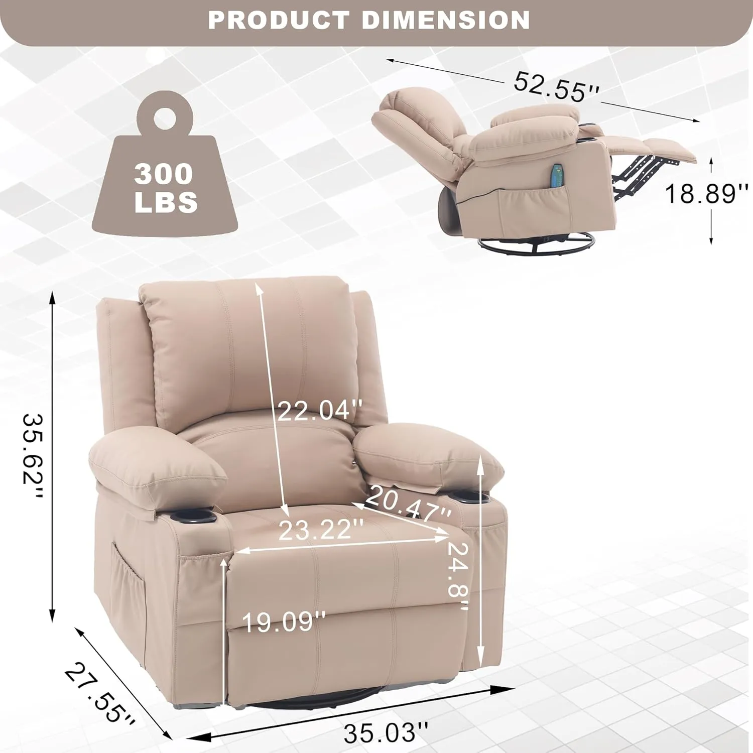 Massage Rocker Recliner and Heat, PU Leather Swivel Rocking Recliners Chair for Living Room, Modern Manual Massage Recliner with Cup Holders, Overstuffed Single Sofa Chairs for Adults, Beige
