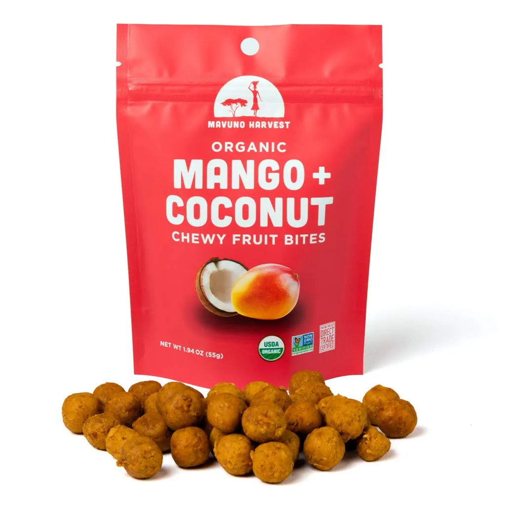 Mavuno Harvest Organic Fruit Snacks - Chewy Fruit Bites - Healthy Food for Kids & Adults - Ethically Sourced, Non-GMO, No Preservatives - Mango & Coconut - 1.94-oz. Snack Packs, Pack of 8