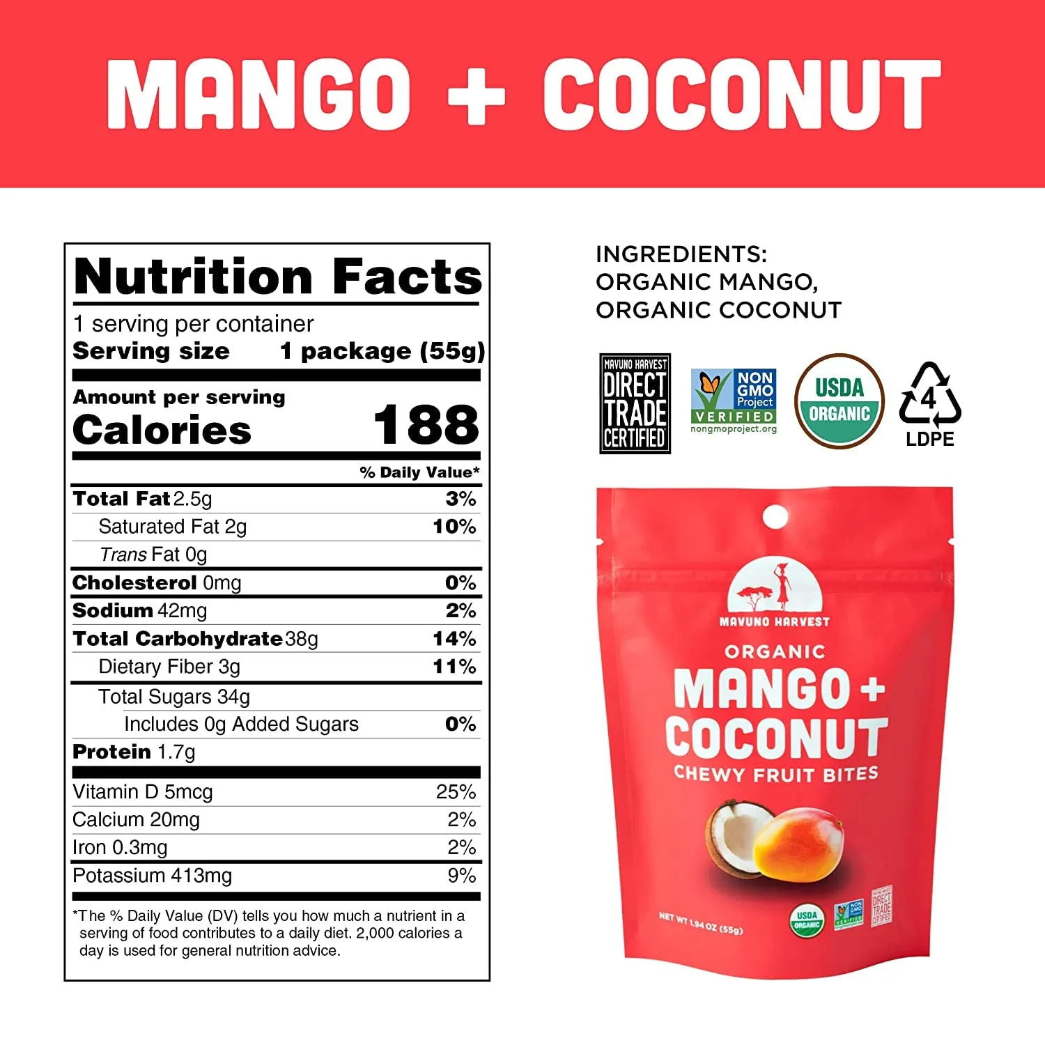 Mavuno Harvest Organic Fruit Snacks - Chewy Fruit Bites - Healthy Food for Kids & Adults - Ethically Sourced, Non-GMO, No Preservatives - Mango & Coconut - 1.94-oz. Snack Packs, Pack of 8