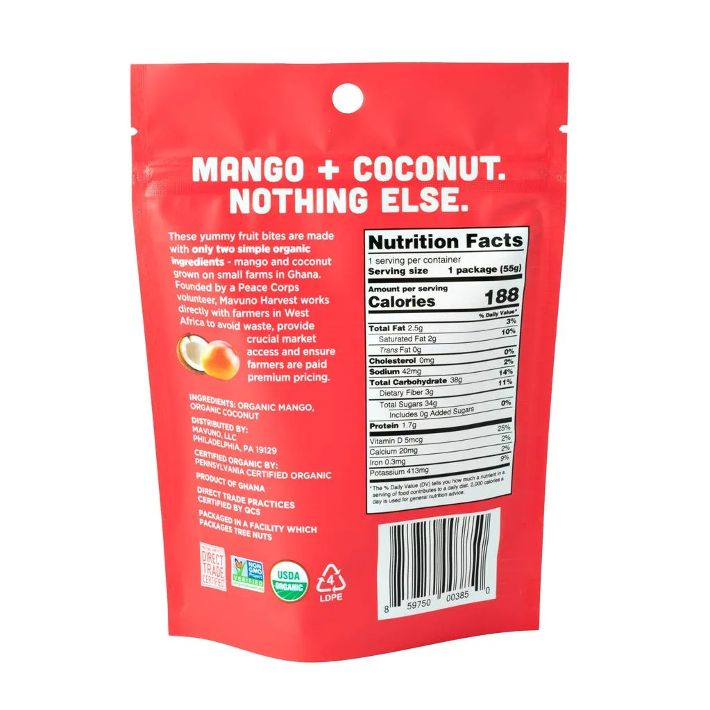 Mavuno Harvest Organic Fruit Snacks - Chewy Fruit Bites - Healthy Food for Kids & Adults - Ethically Sourced, Non-GMO, No Preservatives - Mango & Coconut - 1.94-oz. Snack Packs, Pack of 8