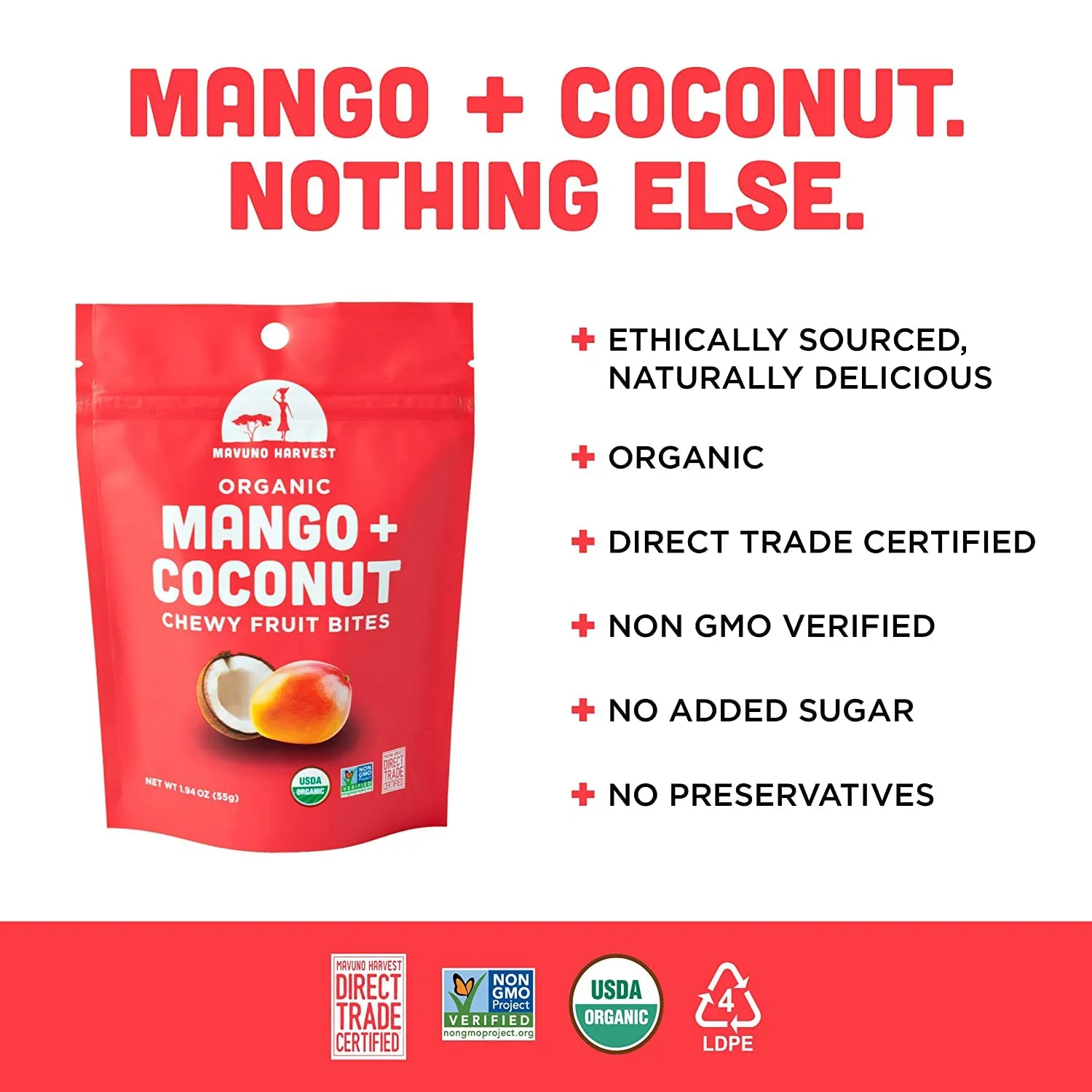 Mavuno Harvest Organic Fruit Snacks - Chewy Fruit Bites - Healthy Food for Kids & Adults - Ethically Sourced, Non-GMO, No Preservatives - Mango & Coconut - 1.94-oz. Snack Packs, Pack of 8