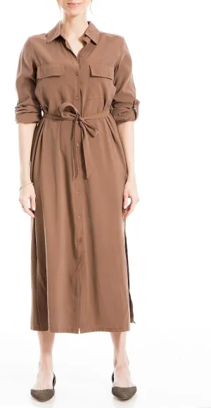 Max Studio Women's Peachskin Tab Sleeve Midi Shirt Dress