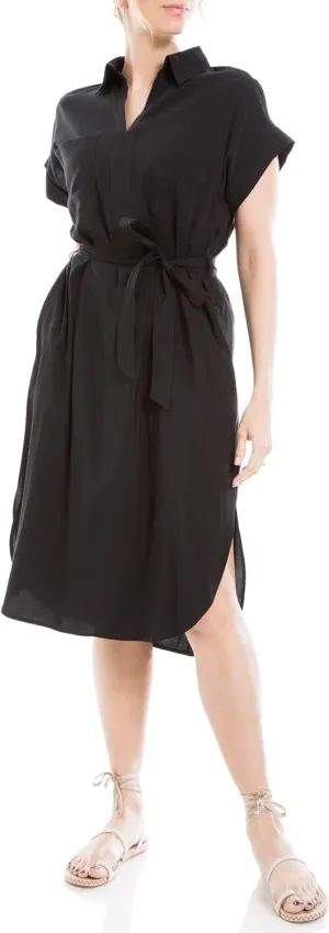 Max Studio Women's Short Sleeve Collared Neck Dress with Waist Tie Detail