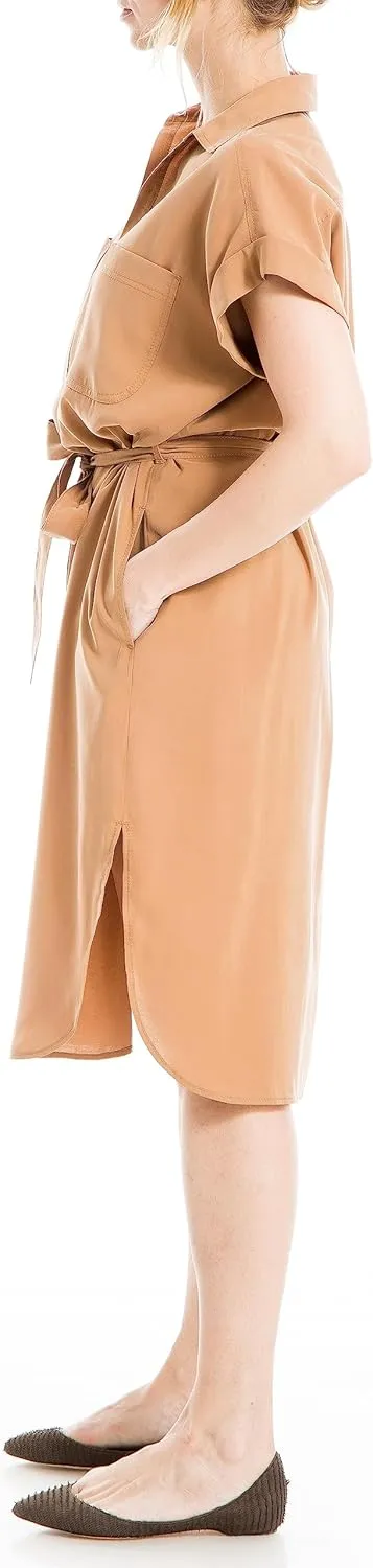 Max Studio Women's Short Sleeve Collared Neck Dress with Waist Tie Detail