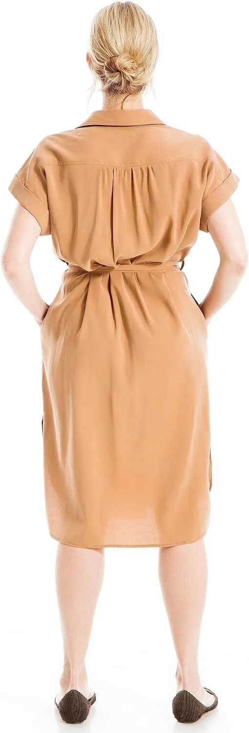 Max Studio Women's Short Sleeve Collared Neck Dress with Waist Tie Detail