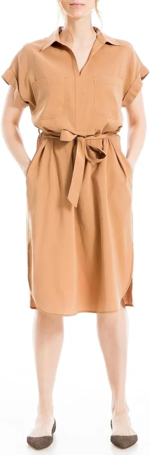 Max Studio Women's Short Sleeve Collared Neck Dress with Waist Tie Detail