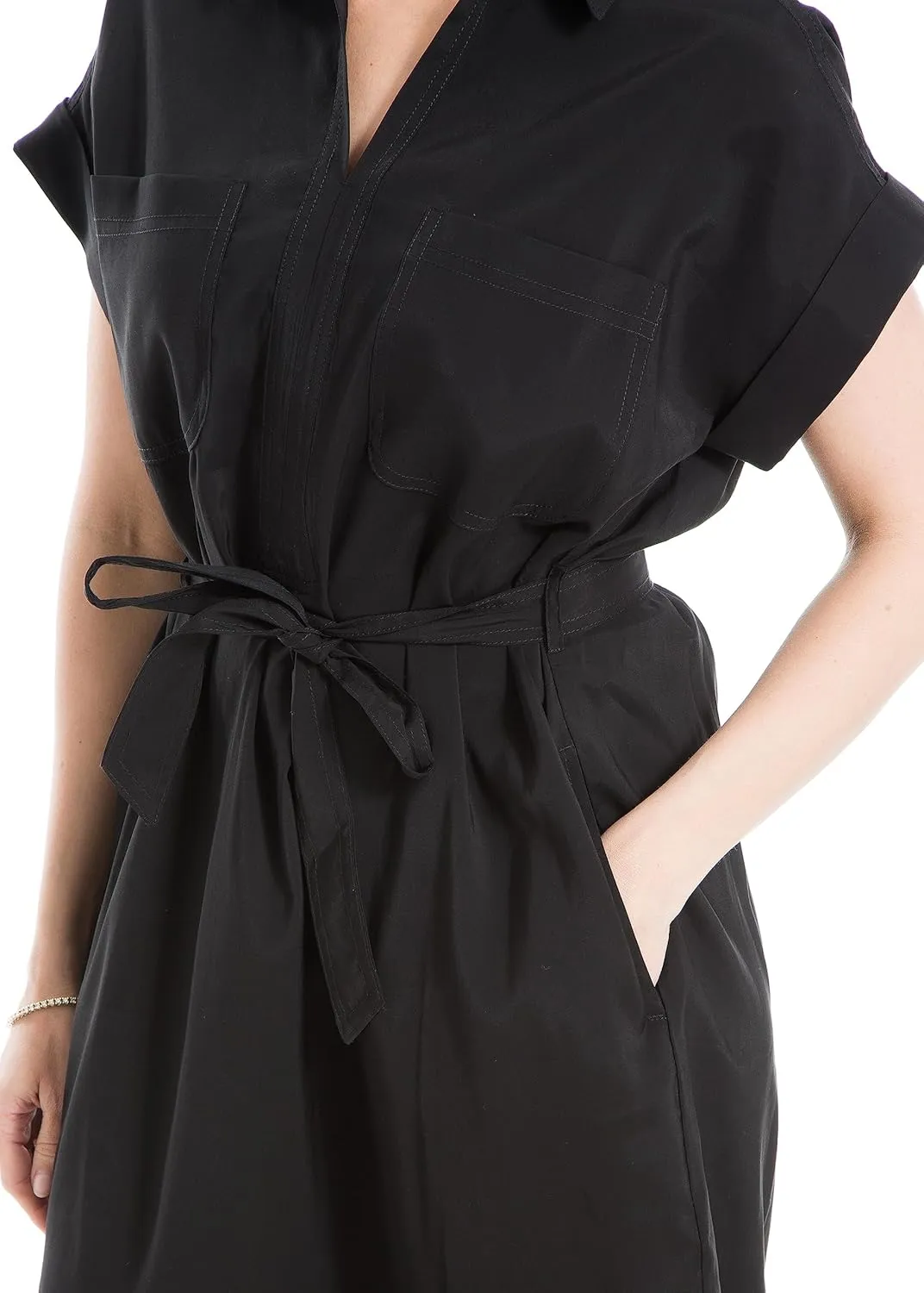 Max Studio Women's Short Sleeve Collared Neck Dress with Waist Tie Detail