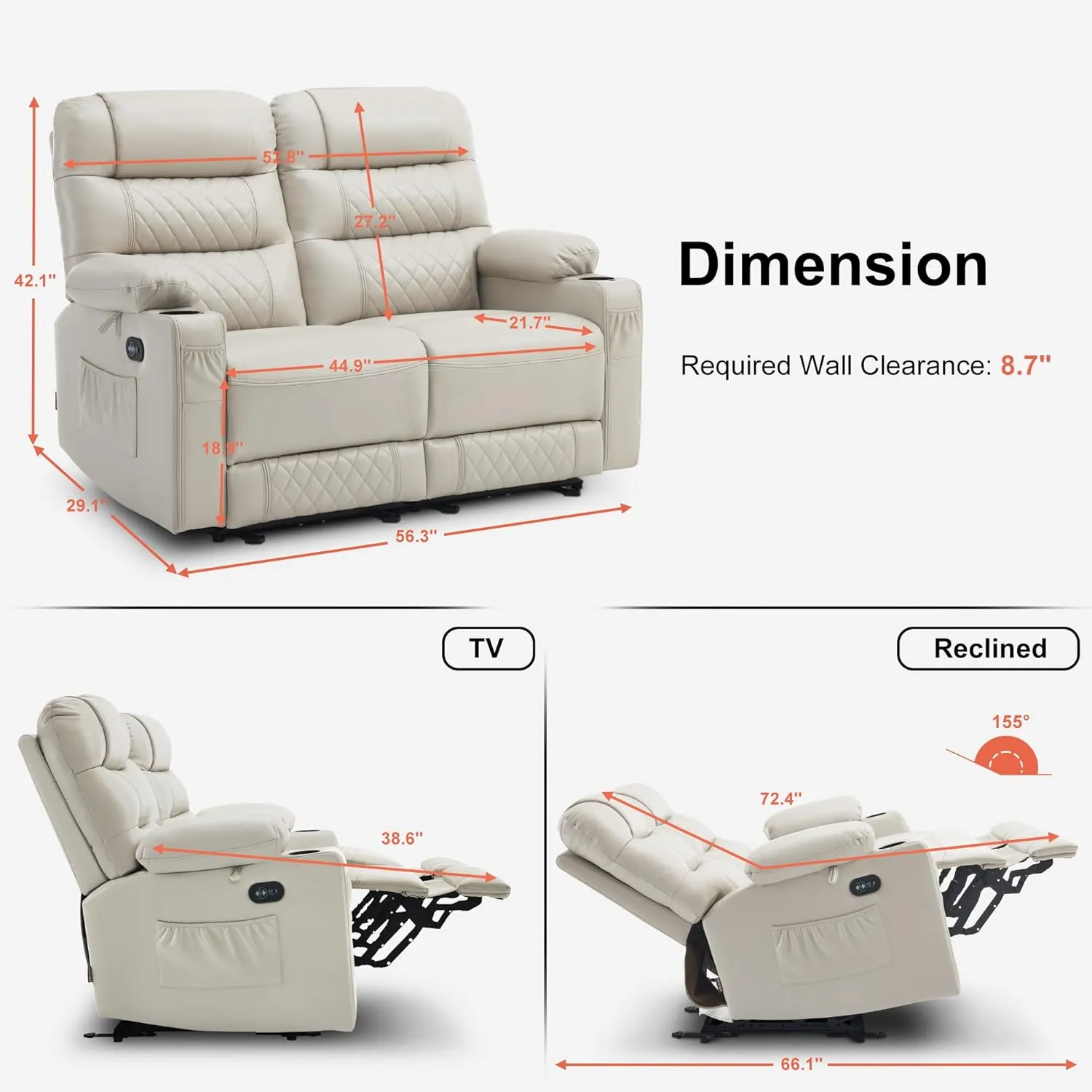 MCombo 56.3" Power Loveseat Recliner Sofa with Heat and Vibration, Cup Holders, USB Charge Port, Faux Leather Electric Reclining Sofa PR622Sets (Light Grey, Loveseat)