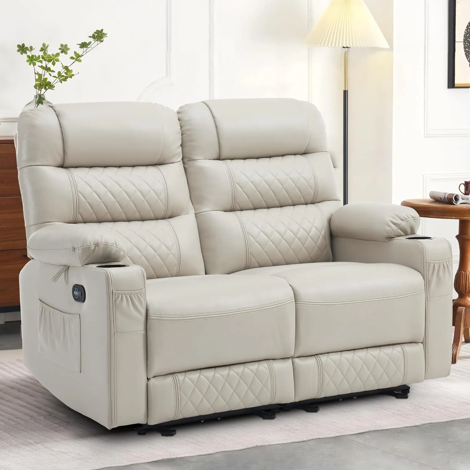 MCombo 56.3" Power Loveseat Recliner Sofa with Heat and Vibration, Cup Holders, USB Charge Port, Faux Leather Electric Reclining Sofa PR622Sets (Light Grey, Loveseat)