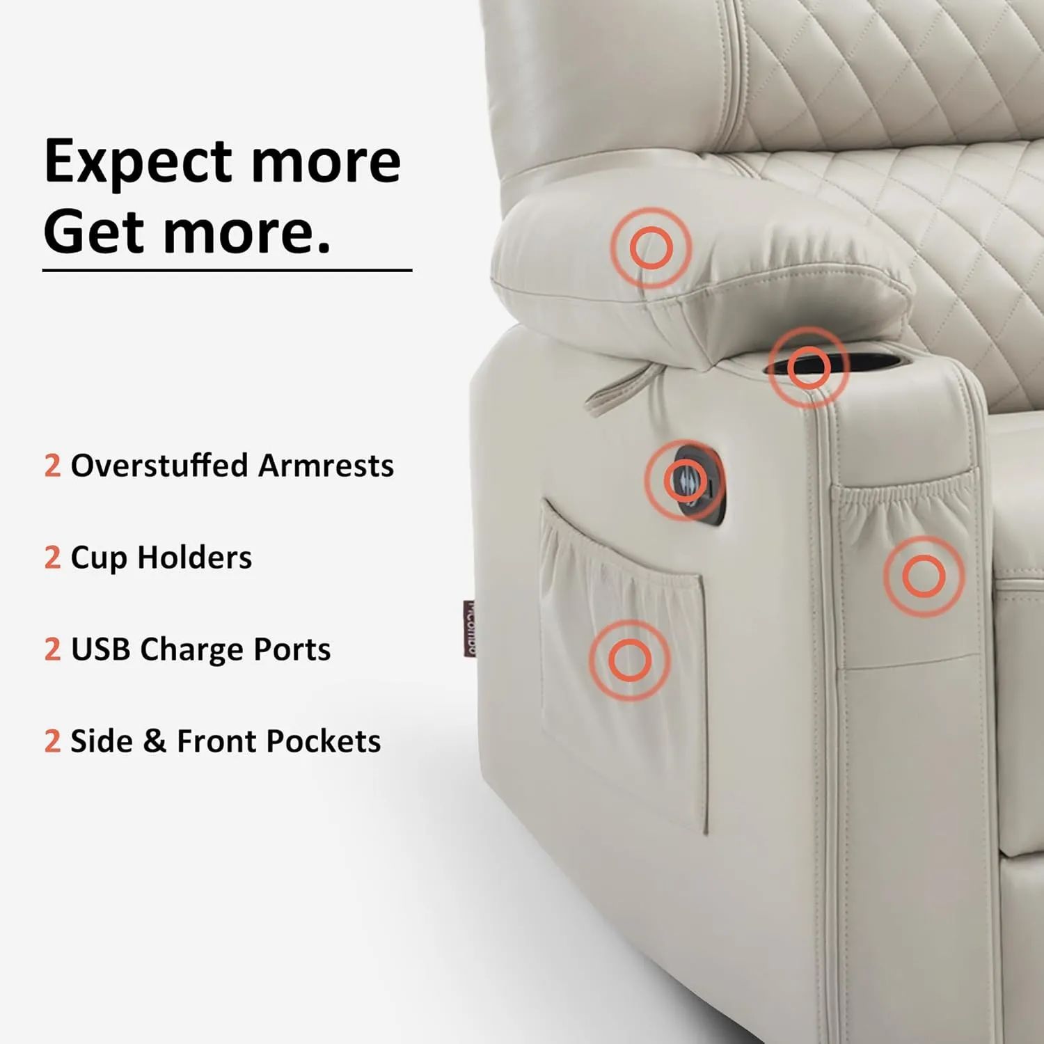 MCombo 56.3" Power Loveseat Recliner Sofa with Heat and Vibration, Cup Holders, USB Charge Port, Faux Leather Electric Reclining Sofa PR622Sets (Light Grey, Loveseat)