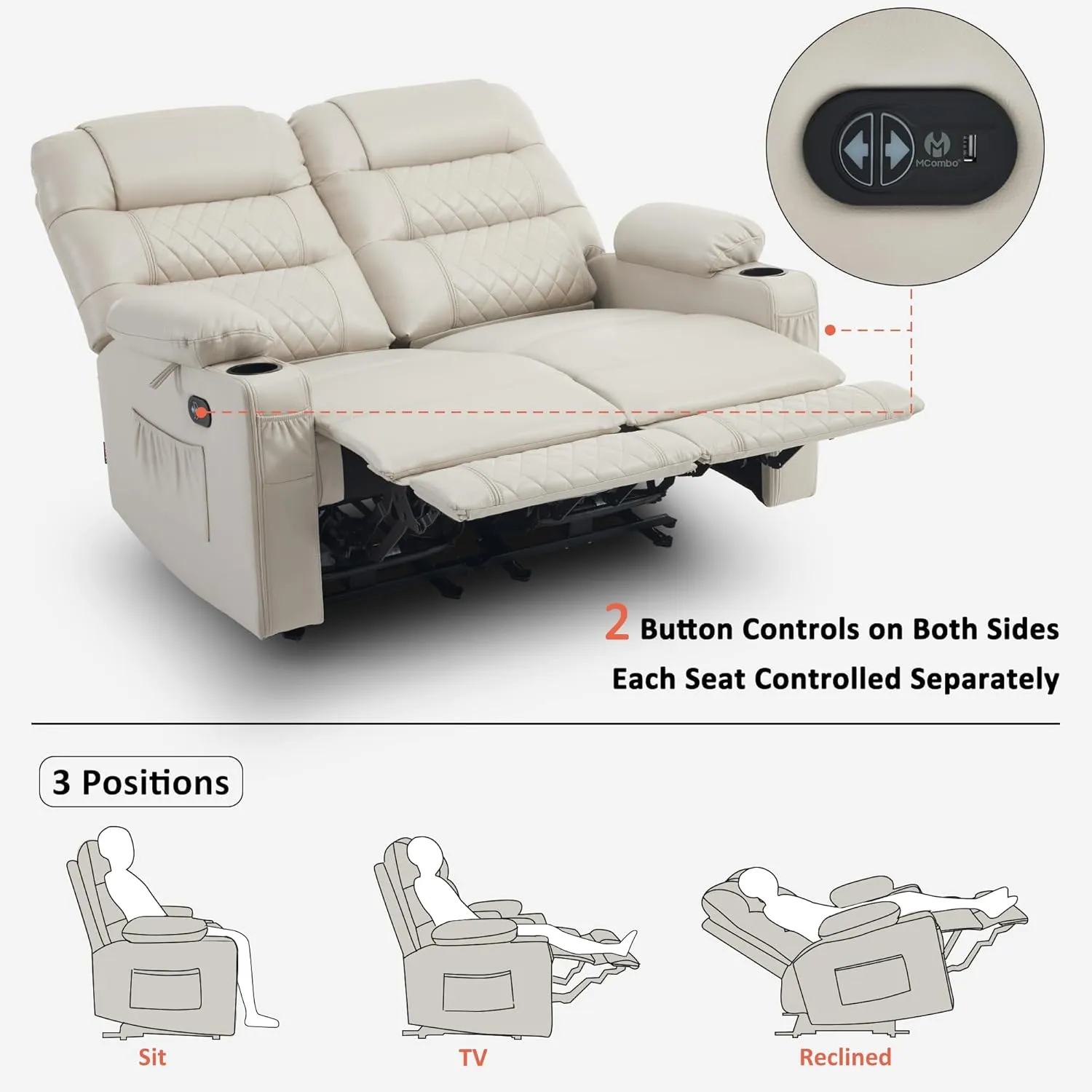 MCombo 56.3" Power Loveseat Recliner Sofa with Heat and Vibration, Cup Holders, USB Charge Port, Faux Leather Electric Reclining Sofa PR622Sets (Light Grey, Loveseat)