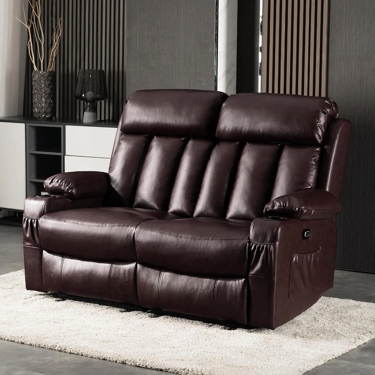 MCombo 61" Power Loveseat Recliner, Electric Reclining Loveseat Sofa with Heat and Vibration, Cup Holders, USB Charge Port for Living Room 6075 Faux Leather (Loveseat Recliner, Dark Brown)