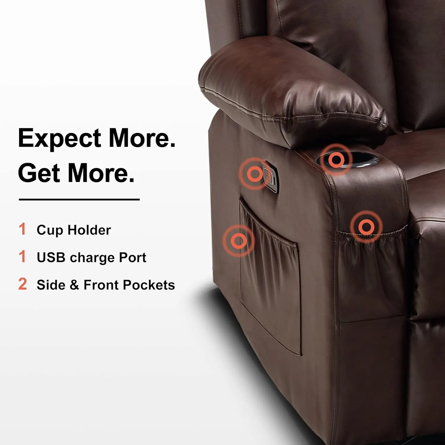 MCombo 61" Power Loveseat Recliner, Electric Reclining Loveseat Sofa with Heat and Vibration, Cup Holders, USB Charge Port for Living Room 6075 Faux Leather (Loveseat Recliner, Dark Brown)