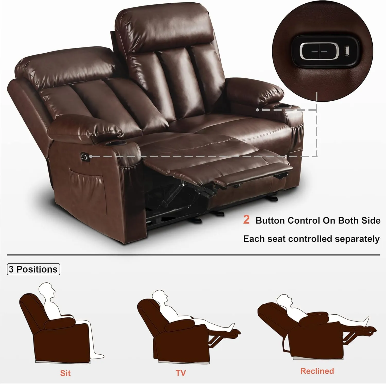 MCombo 61" Power Loveseat Recliner, Electric Reclining Loveseat Sofa with Heat and Vibration, Cup Holders, USB Charge Port for Living Room 6075 Faux Leather (Loveseat Recliner, Dark Brown)