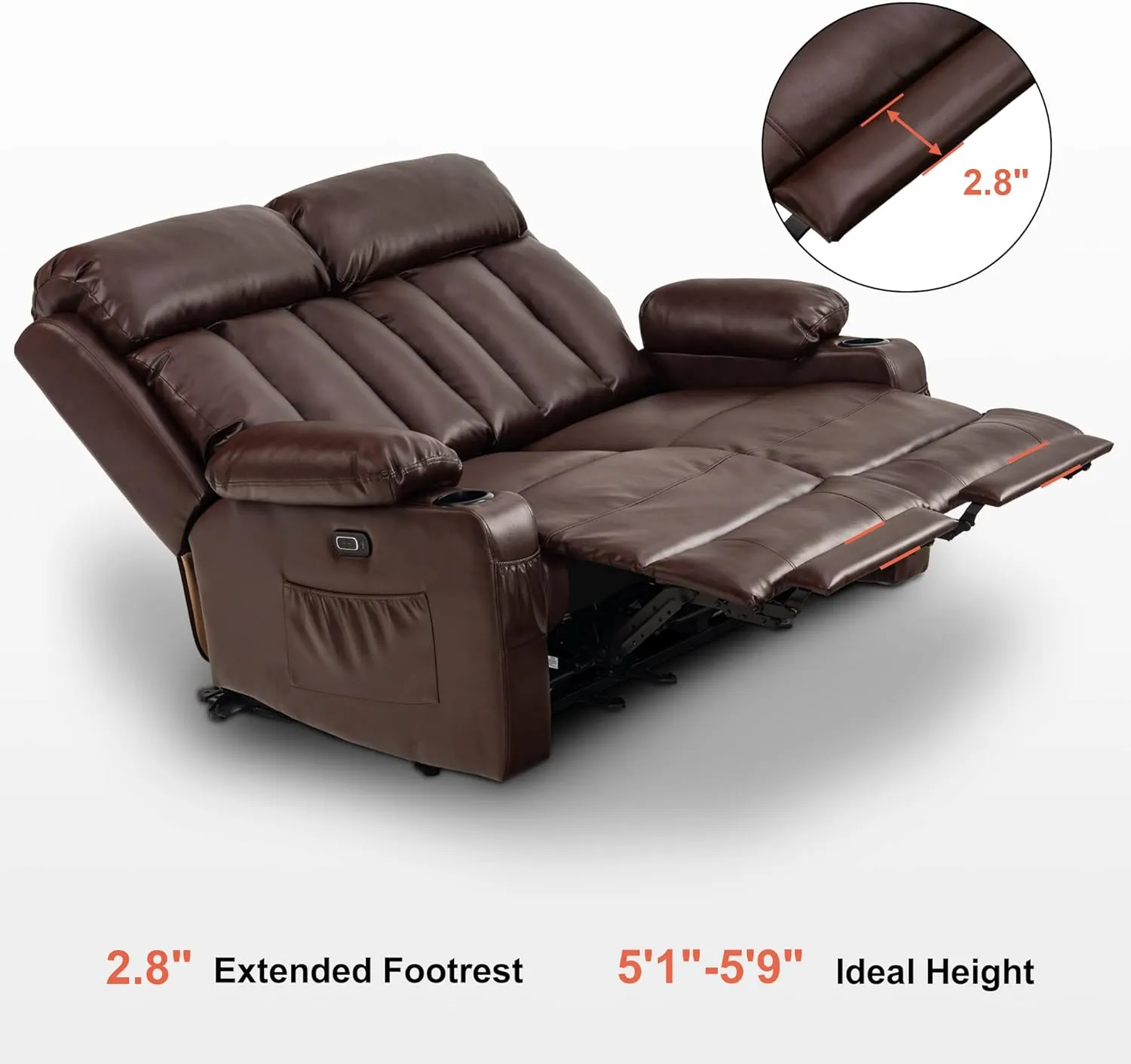 MCombo 61" Power Loveseat Recliner, Electric Reclining Loveseat Sofa with Heat and Vibration, Cup Holders, USB Charge Port for Living Room 6075 Faux Leather (Loveseat Recliner, Dark Brown)