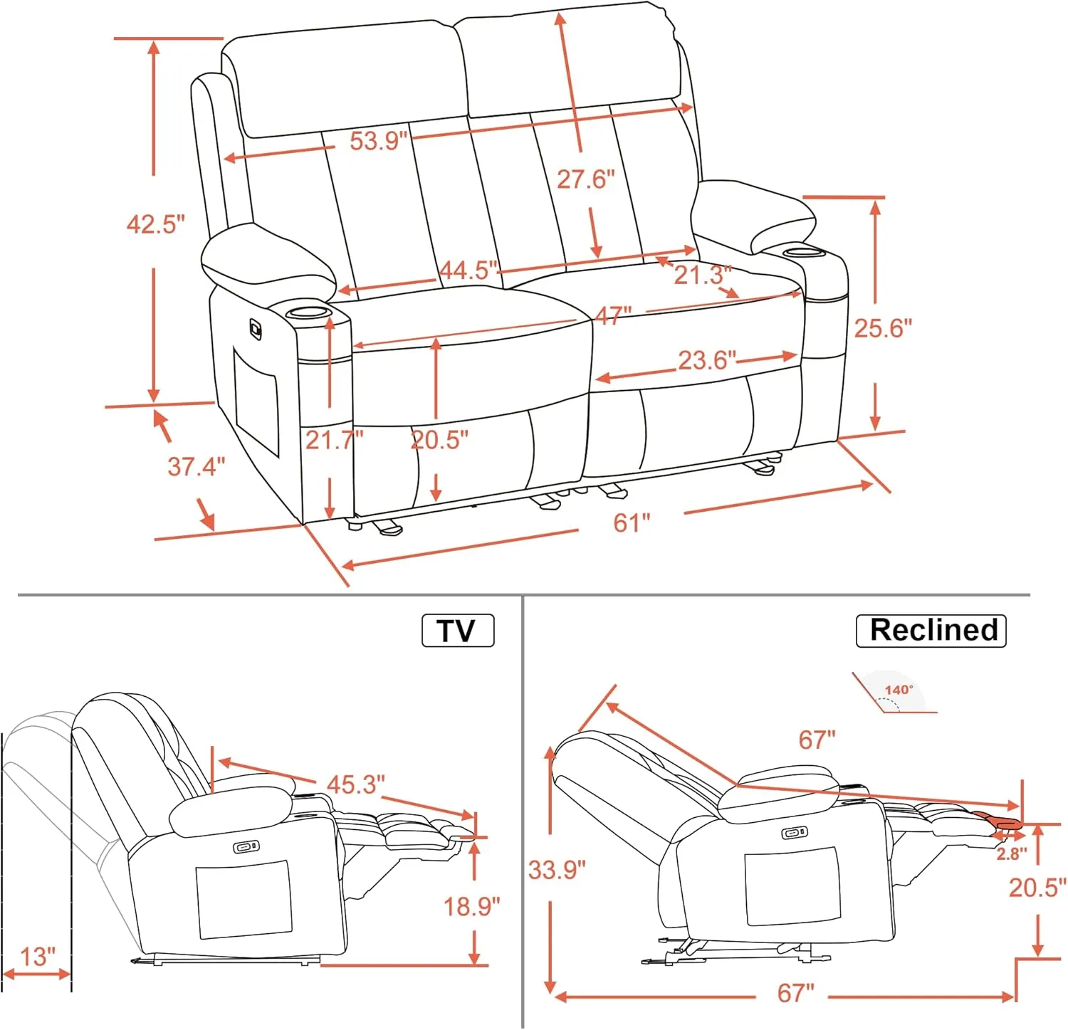 MCombo 61" Power Loveseat Recliner, Electric Reclining Loveseat Sofa with Heat and Vibration, Cup Holders, USB Charge Port for Living Room 6075 Faux Leather (Loveseat Recliner, Dark Brown)