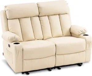 MCombo 61" Power Loveseat Recliner, Electric Reclining Loveseat Sofa with Heat and Vibration, Cup Holders, USB Charge Port for Living Room Faux Leather 6075 (Cream White, Loveseat Recliner)