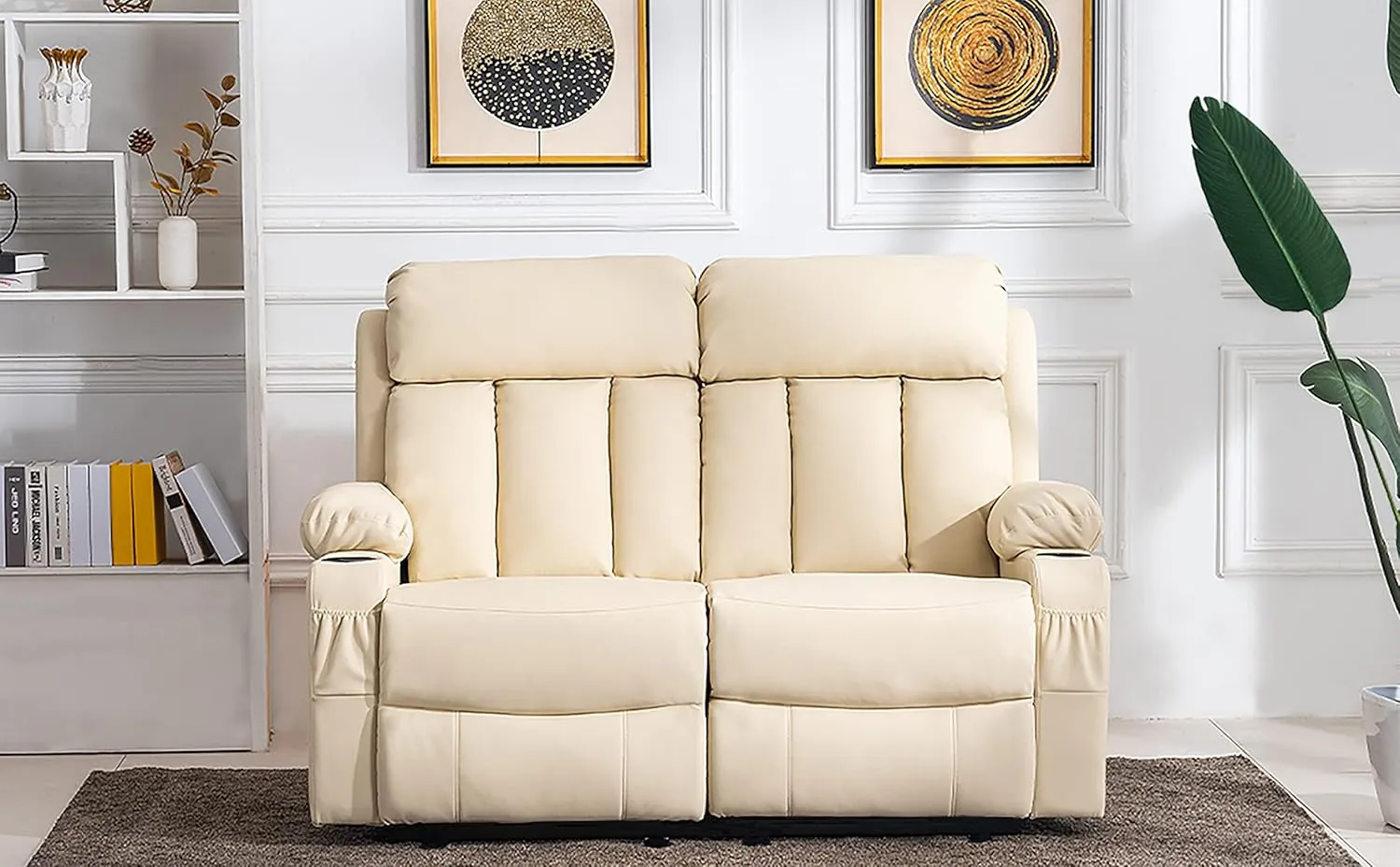 MCombo 61" Power Loveseat Recliner, Electric Reclining Loveseat Sofa with Heat and Vibration, Cup Holders, USB Charge Port for Living Room Faux Leather 6075 (Cream White, Loveseat Recliner)
