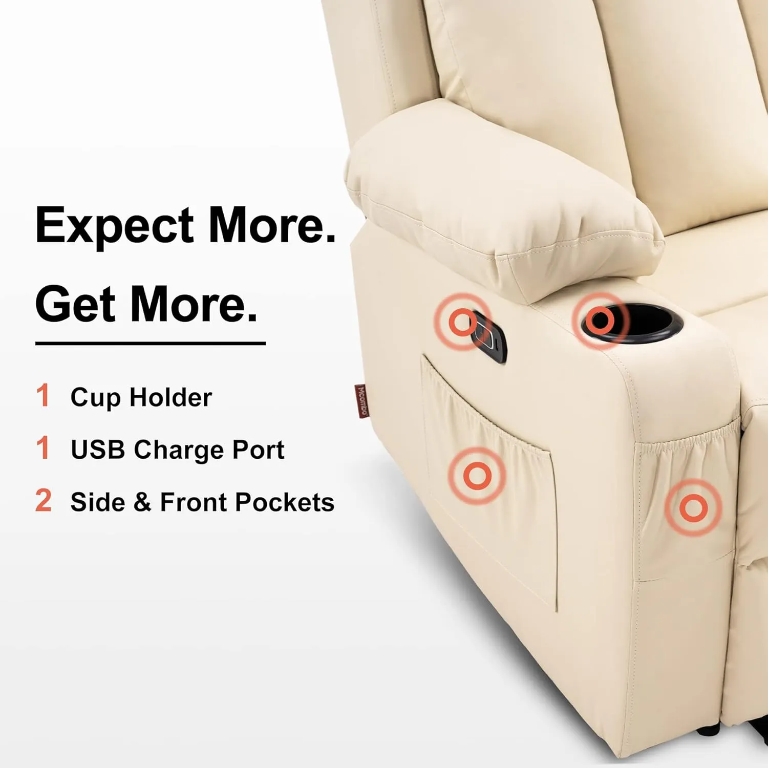 MCombo 61" Power Loveseat Recliner, Electric Reclining Loveseat Sofa with Heat and Vibration, Cup Holders, USB Charge Port for Living Room Faux Leather 6075 (Cream White, Loveseat Recliner)