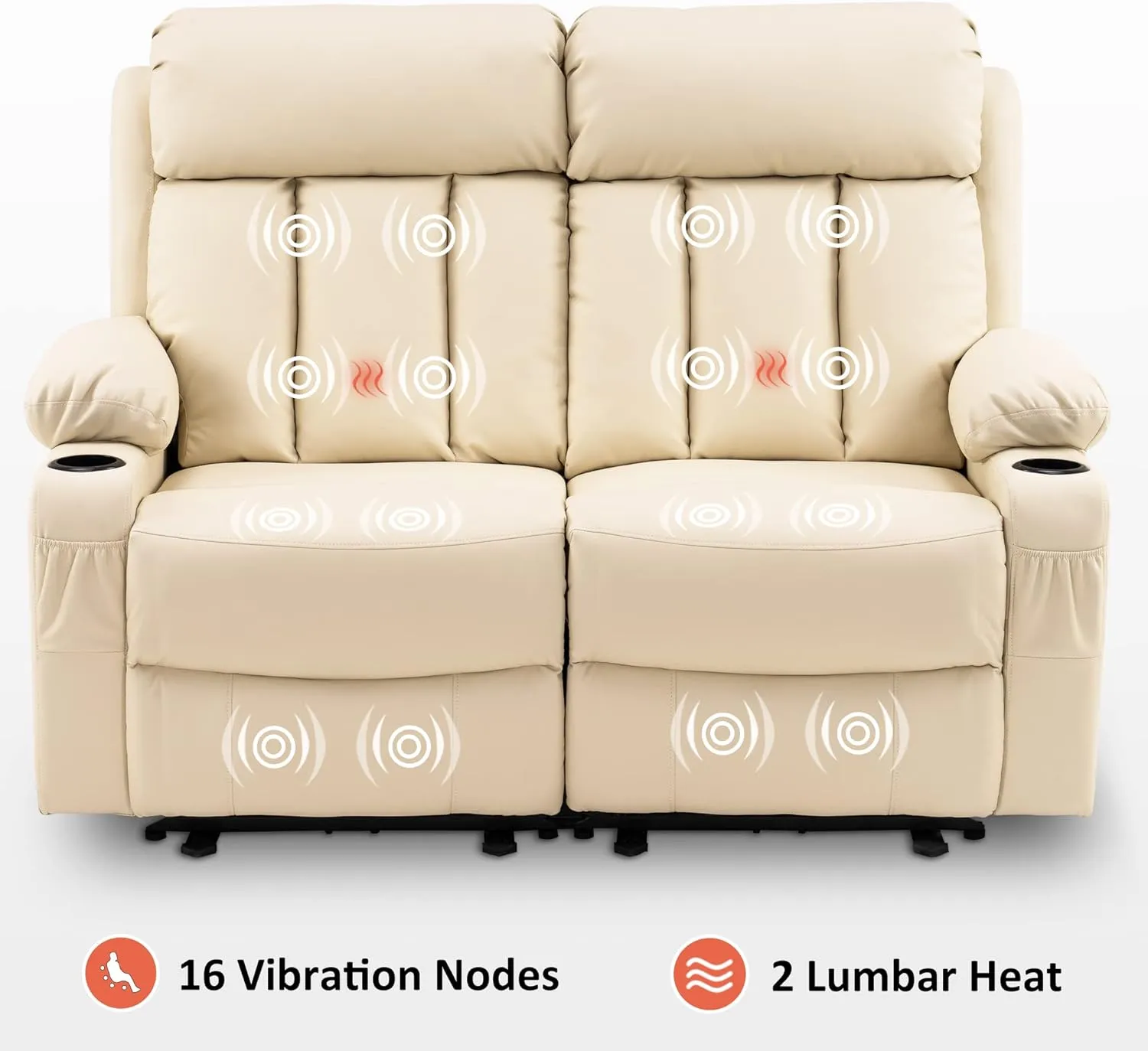MCombo 61" Power Loveseat Recliner, Electric Reclining Loveseat Sofa with Heat and Vibration, Cup Holders, USB Charge Port for Living Room Faux Leather 6075 (Cream White, Loveseat Recliner)