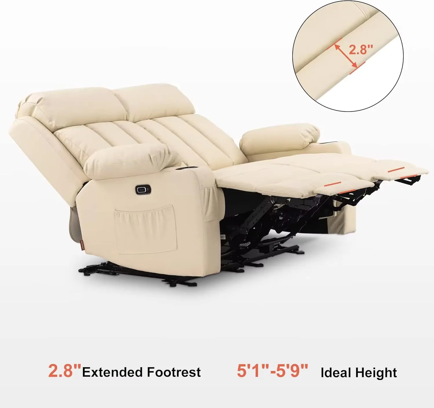 MCombo 61" Power Loveseat Recliner, Electric Reclining Loveseat Sofa with Heat and Vibration, Cup Holders, USB Charge Port for Living Room Faux Leather 6075 (Cream White, Loveseat Recliner)
