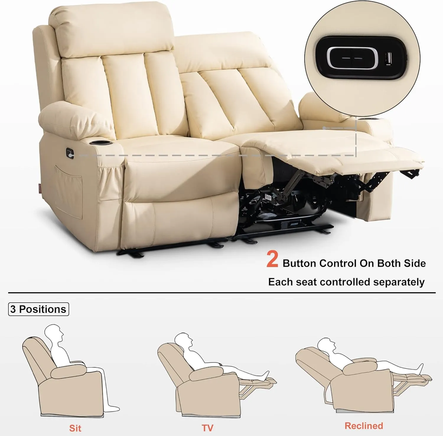 MCombo 61" Power Loveseat Recliner, Electric Reclining Loveseat Sofa with Heat and Vibration, Cup Holders, USB Charge Port for Living Room Faux Leather 6075 (Cream White, Loveseat Recliner)