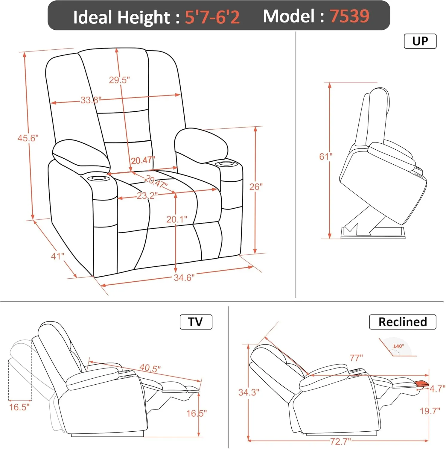 MCombo Large Power Lift Recliner Chair Sofa with Massage and Heat for Big and Tall Elderly People, 3 Positions, Cup Holders, and USB Ports, Faux Leather 7539 (Large, Dark Grey)
