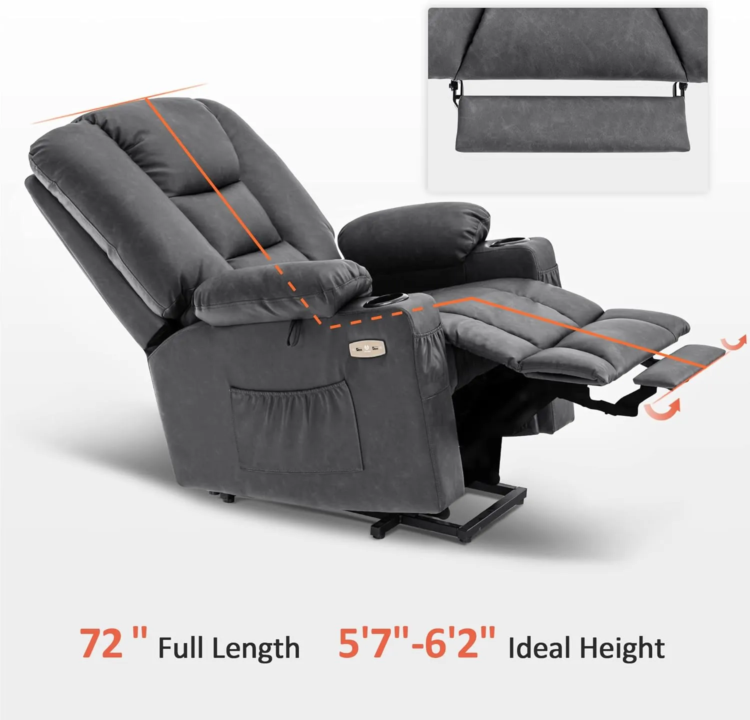 MCombo Large Power Lift Recliner Chair Sofa with Massage and Heat for Big and Tall Elderly People, 3 Positions, Cup Holders, and USB Ports, Faux Leather 7539 (Large, Dark Grey)