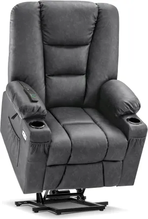 MCombo Large Power Lift Recliner Chair Sofa with Massage and Heat for Big and Tall Elderly People, 3 Positions, Cup Holders, and USB Ports, Faux Leather 7539 (Large, Dark Grey)