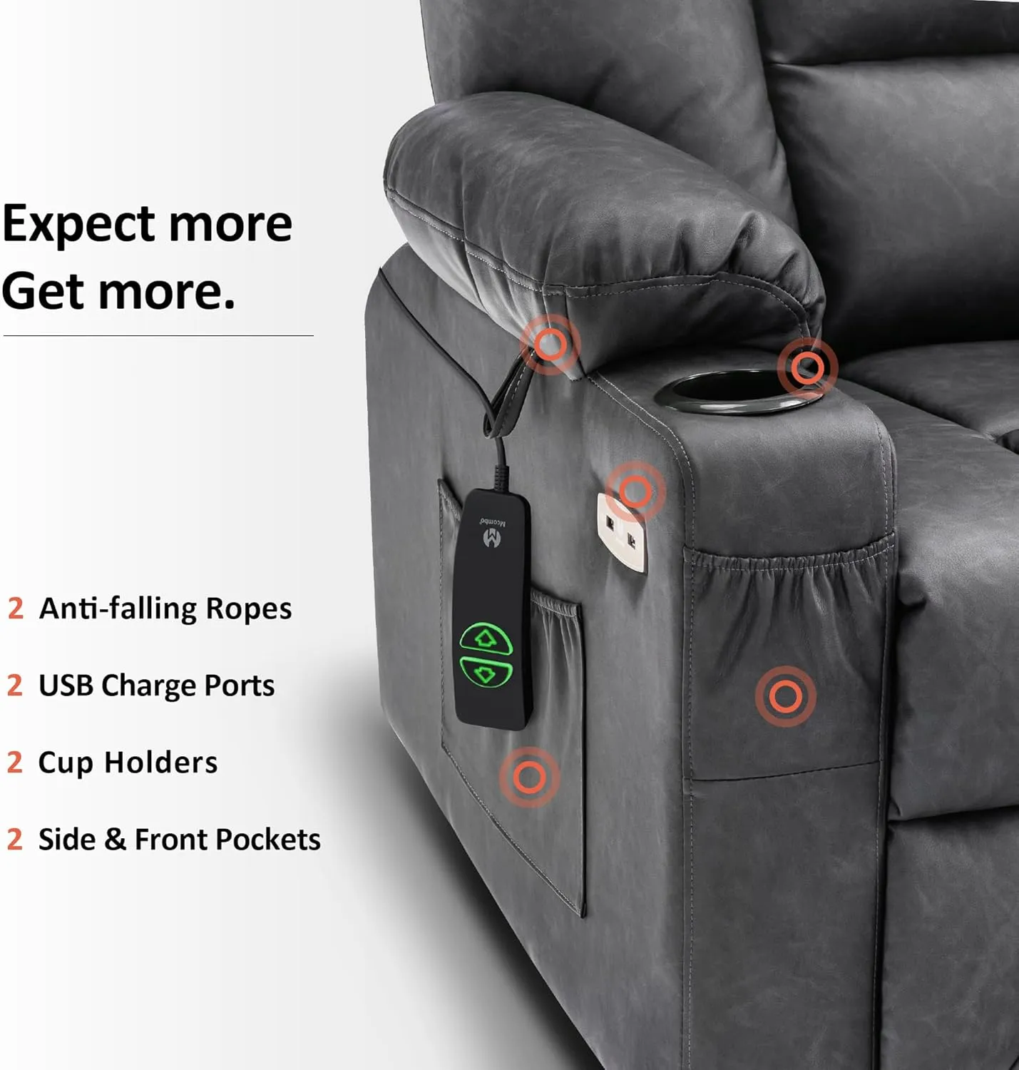 MCombo Large Power Lift Recliner Chair Sofa with Massage and Heat for Big and Tall Elderly People, 3 Positions, Cup Holders, and USB Ports, Faux Leather 7539 (Large, Dark Grey)