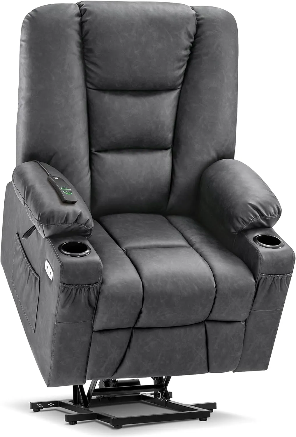 MCombo Large Power Lift Recliner Chair Sofa with Massage and Heat for Big and Tall Elderly People, 3 Positions, Cup Holders, and USB Ports, Faux Leather 7539 (Large, Dark Grey)
